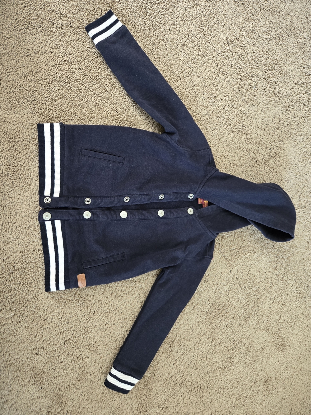 7 For All Mankind Navy Hooded Buttoned Puffer Jacket with Stripe Cuffs